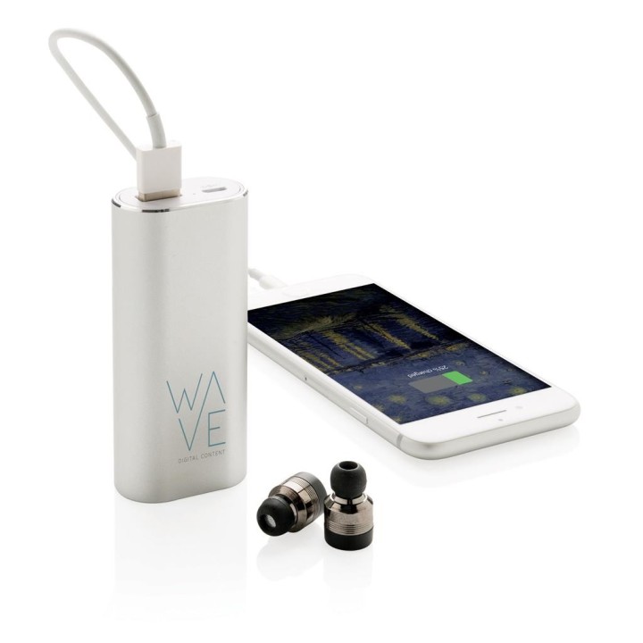 Ægte trådløs øretelefoner med 2.000 mAh powerbank, sølvfarve