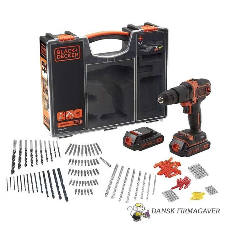 Black & Decker slagboremaskine + 2 batterier, kuffert og 160 stk. tilbehør