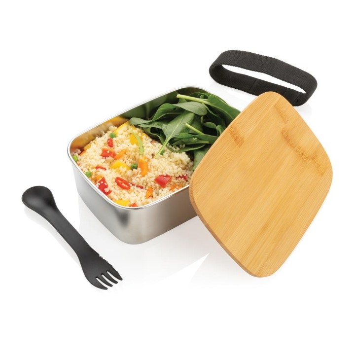 Rustfrit stål madkasse med bambuslåg og "spork"