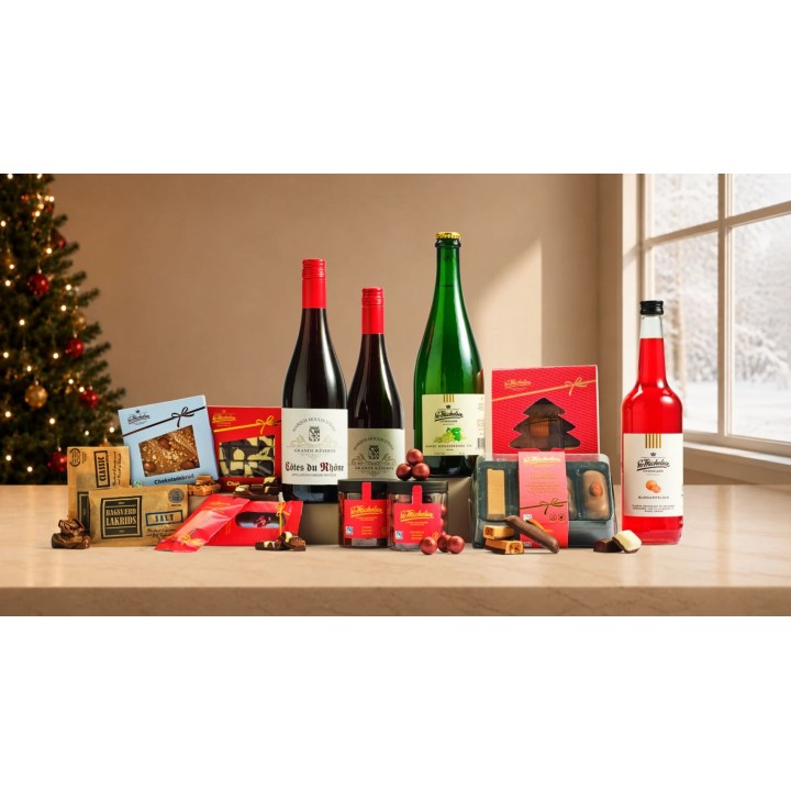 Kæmpe gavekuffert med Fairtrade chokolade, vin & saft