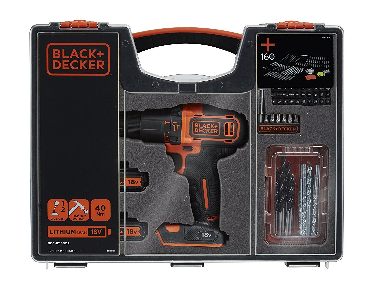 Black & Decker slagboremaskine + 2 batterier, kuffert og 160 stk. tilbehør
