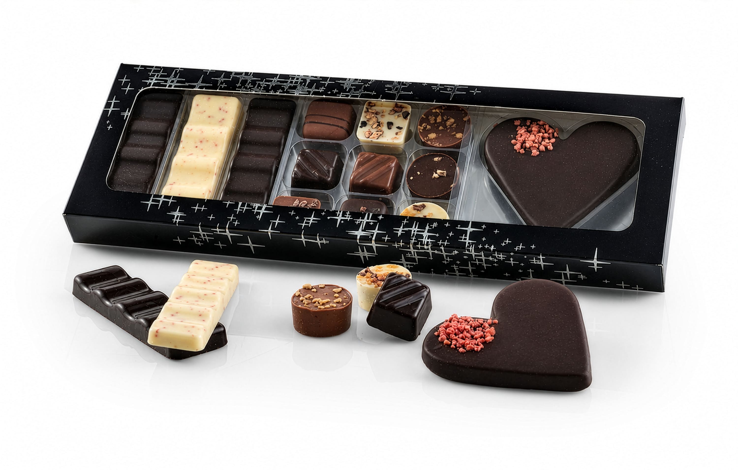 Sort/stjerner æske m/ chokolade, 210 g.